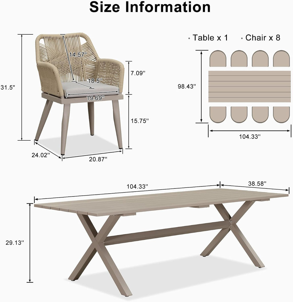 PURPLE LEAF Outdoor Patio Dining Set All-Weather PE Rattan Furniture Set with All Aluminum Frame Rectangular 9 Pieces Table and Chairs Set for 8 People Lawn Garden Backyard Deck, Champagne