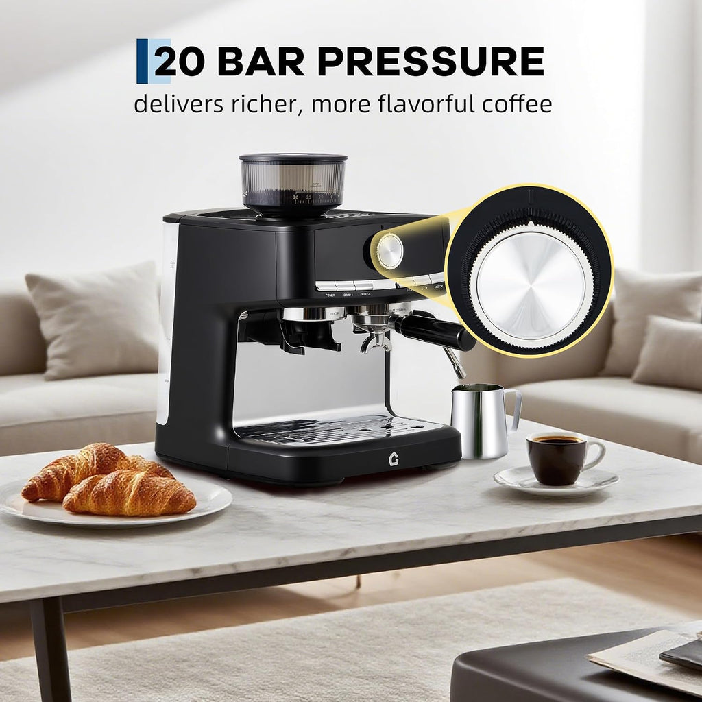 TROPOW Espresso Machine with Grinder - 20 Bar Pressure Professional, Stainless Steel Coffee Maker with Milk Frother, 1.5l Removable Water Tank for Latte, Cappuccino, Home & Office