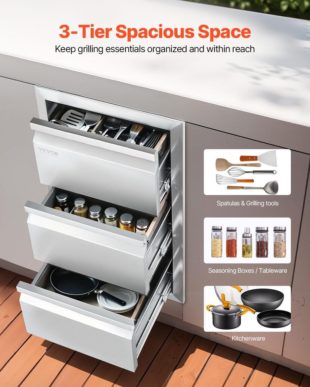 VEVOR Outdoor Kitchen Drawers 14.7' W x 25.4' H x 18.7' D, Box Frame Style Flush Mount BBQ Drawers with Stainless Steel Handle, BBQ Island Drawers for Outdoor Kitchens or Patio Grill Station