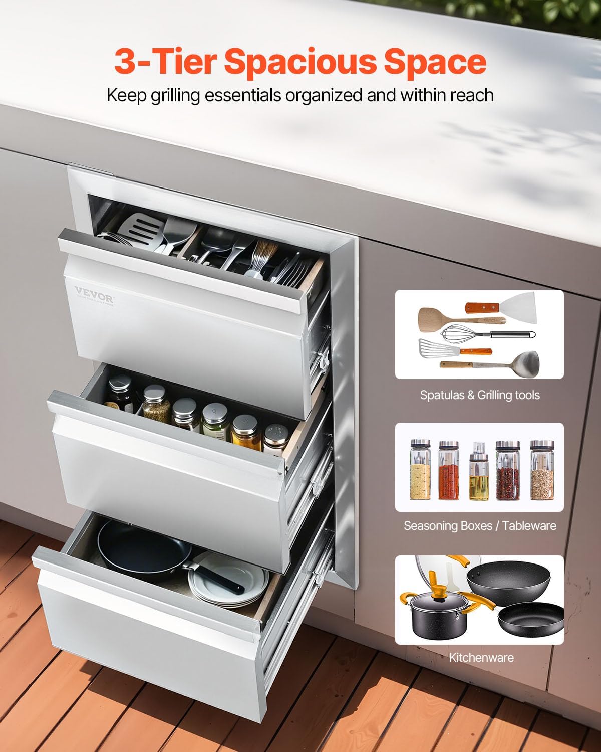 VEVOR Outdoor Kitchen Drawers 14.7' W x 25.4' H x 18.7' D, Box Frame Style Flush Mount BBQ Drawers with Stainless Steel Handle, BBQ Island Drawers for Outdoor Kitchens or Patio Grill Station