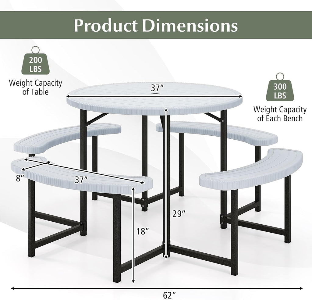 Giantex Picnic Table Bench Set for 4-8 Person, Round 37' Outdoor Dining Table w/Umbrella Hole, HDPE Tabletop, Metal Frame, Patio Furniture Set for Backyard Porch Lawn, 1400lb Capacity (White,Round)