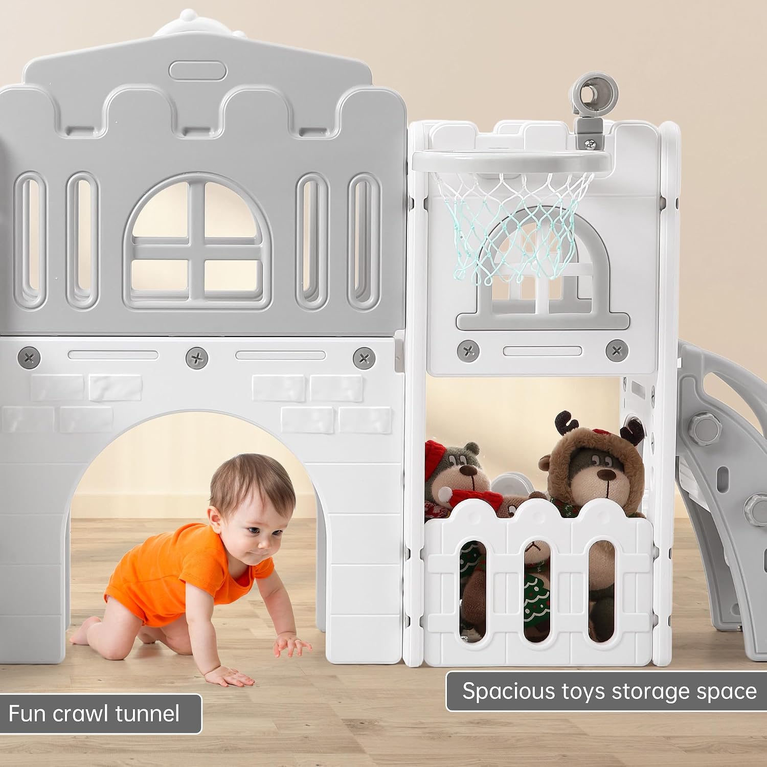 Garvee Toddler Slide 8 in 1 Toddler Playset for Toddlers Age 1-3, Baby Playset for Indoor Outdoor Playground with Climber, Crawling Tunnel, Basketball Hoop, Telescope, Toy Storage
