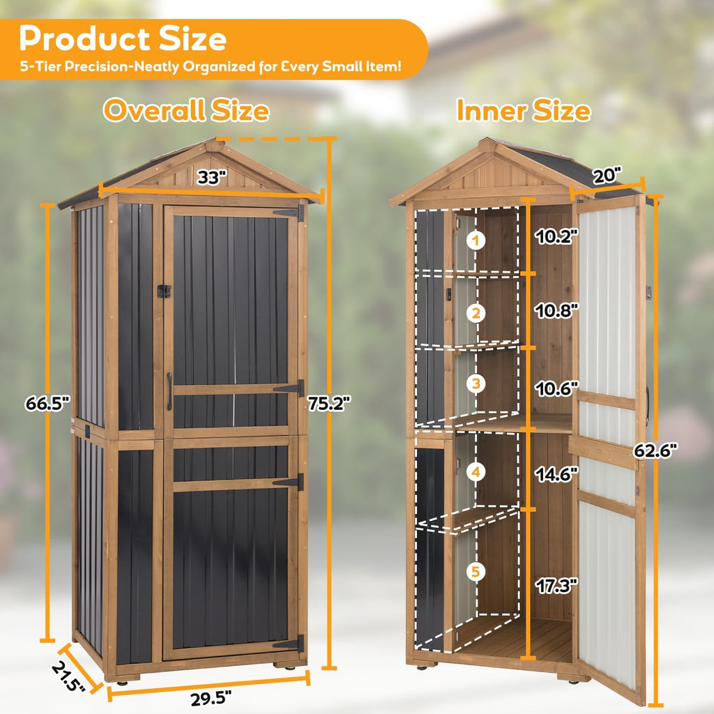 Outdoor Storage Cabinet, Wood & Metal Garden Shed with Waterproof Asphalt Roof, Patio Organizer with 3 Fixed Shelves & Removable Shelf for Long Tools, Lockable Magnetic Doors for Backyard Garage Pool