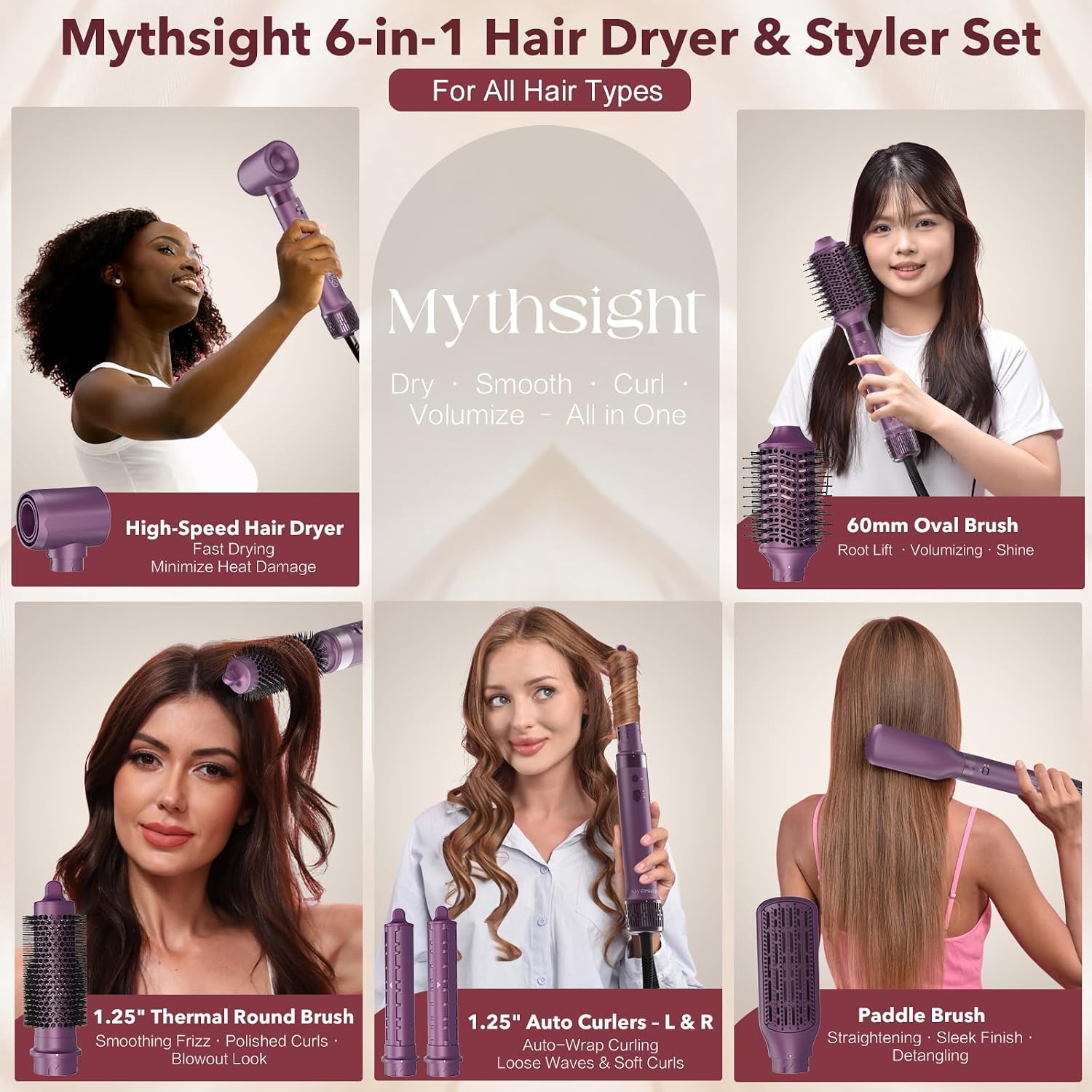 StyleVibe 6-in-1 Air Styler, Diffuser Hair Dryer & Blow Dryer Brush with Travel Bag - Auto Wrap Curls (L/R), Fast Drying, Hair Straightener for Frizz-Free Volume, No Heat Damage