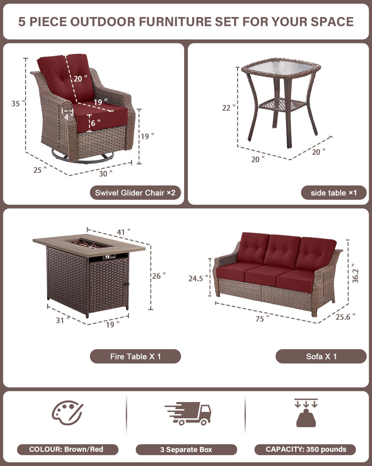 Belord Luxury Wicker Patio Furniture Set with 41' Fire Pit Table - Swivel Rocker Glider Outdoor Chairs with Sofa and Glass Top Side Table, All-Weather Removable 6' Red Seat Cushion for Patio Evenings