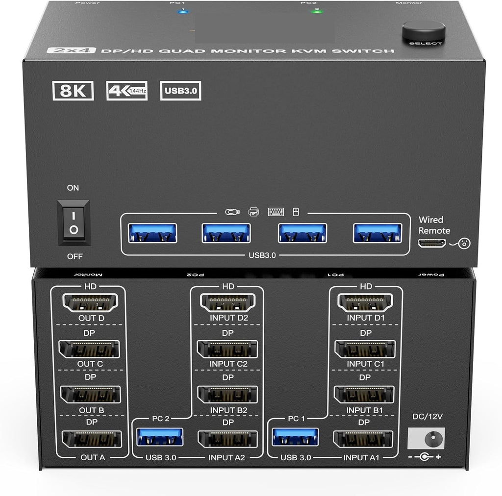 KVM Switch 4 Monitors 2 Computers,USB 3.0 HDMI+DisplayPort Four Monitor KVM for 2 PC Share 4 Display 4USB(204 1H3D)