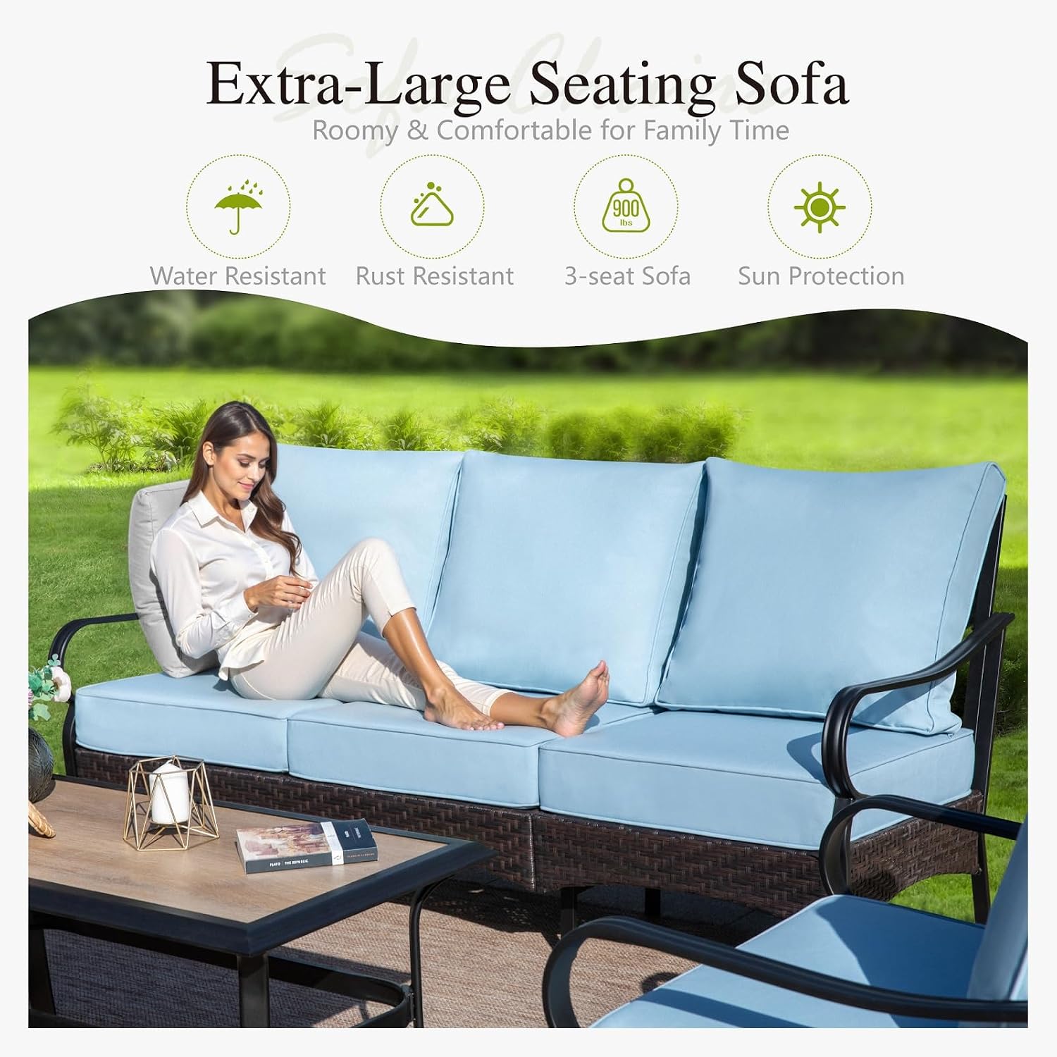 Sophia & William Patio Furniture Set, 4 Piece Metal Outdoor Conversation Set with 3-Seater Outdoor Couch, 2 Sofa Chairs, 1 Coffee Table for Outdoor Seating, Backyard, Porch(Blue)