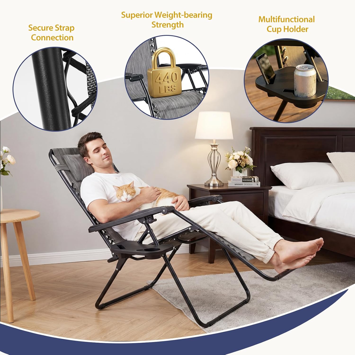 Sweetcrispy Zero Gravity Chairs, Set of 4 Portable Recliner Beach Camping Patio Outdoor Folding Lounge Chair with Cup Holder Trays and Adjustable Pillow for Poolside, Garden, Backyard, Lawn (Grey)
