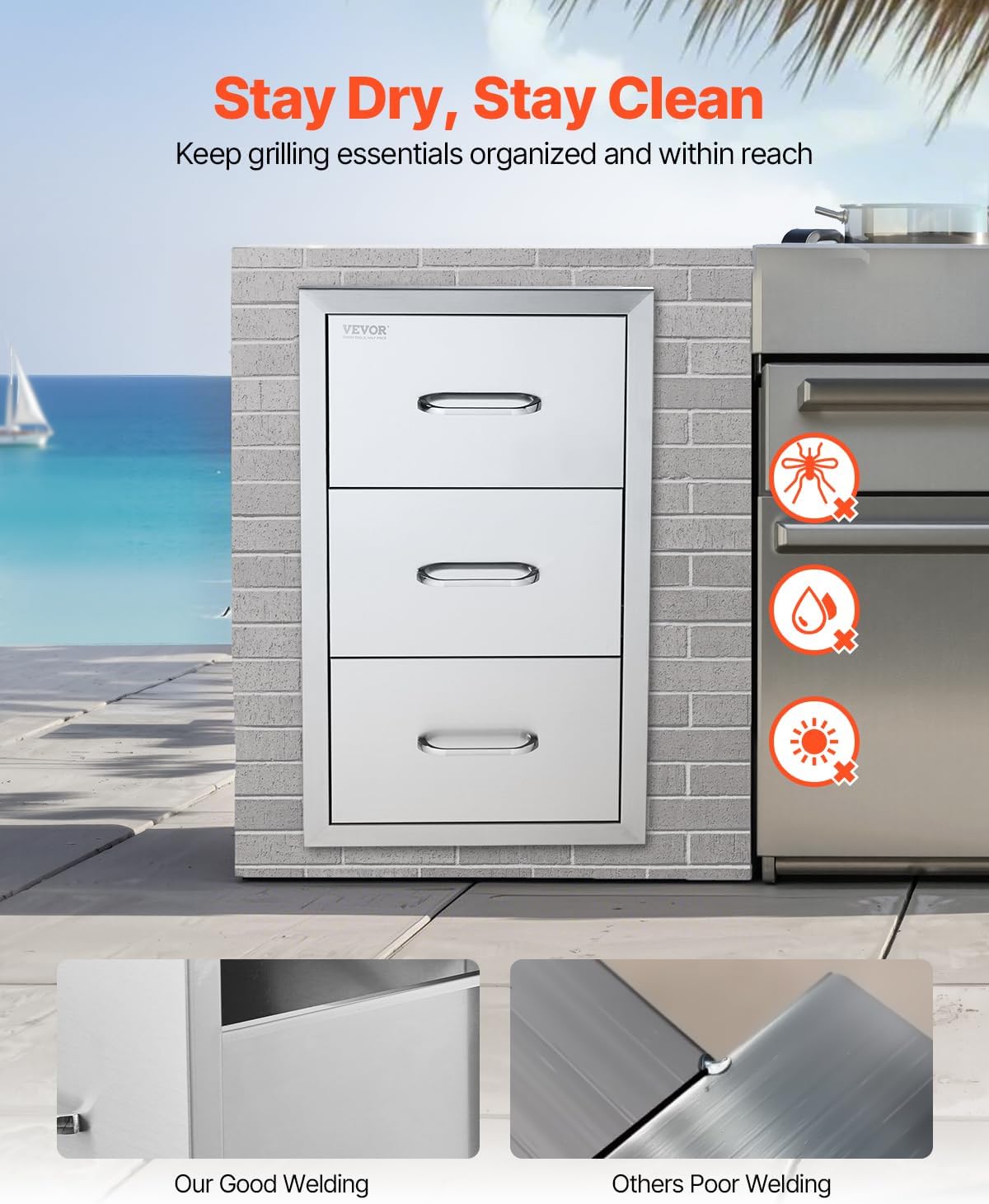 VEVOR Outdoor Kitchen Drawers 16' W x 28.5' H x 20.5' D, Flush Mount Triple Access BBQ Drawers with Stainless Steel Handle, BBQ Island Drawers for Outdoor Kitchens or BBQ Island Patio Grill Station