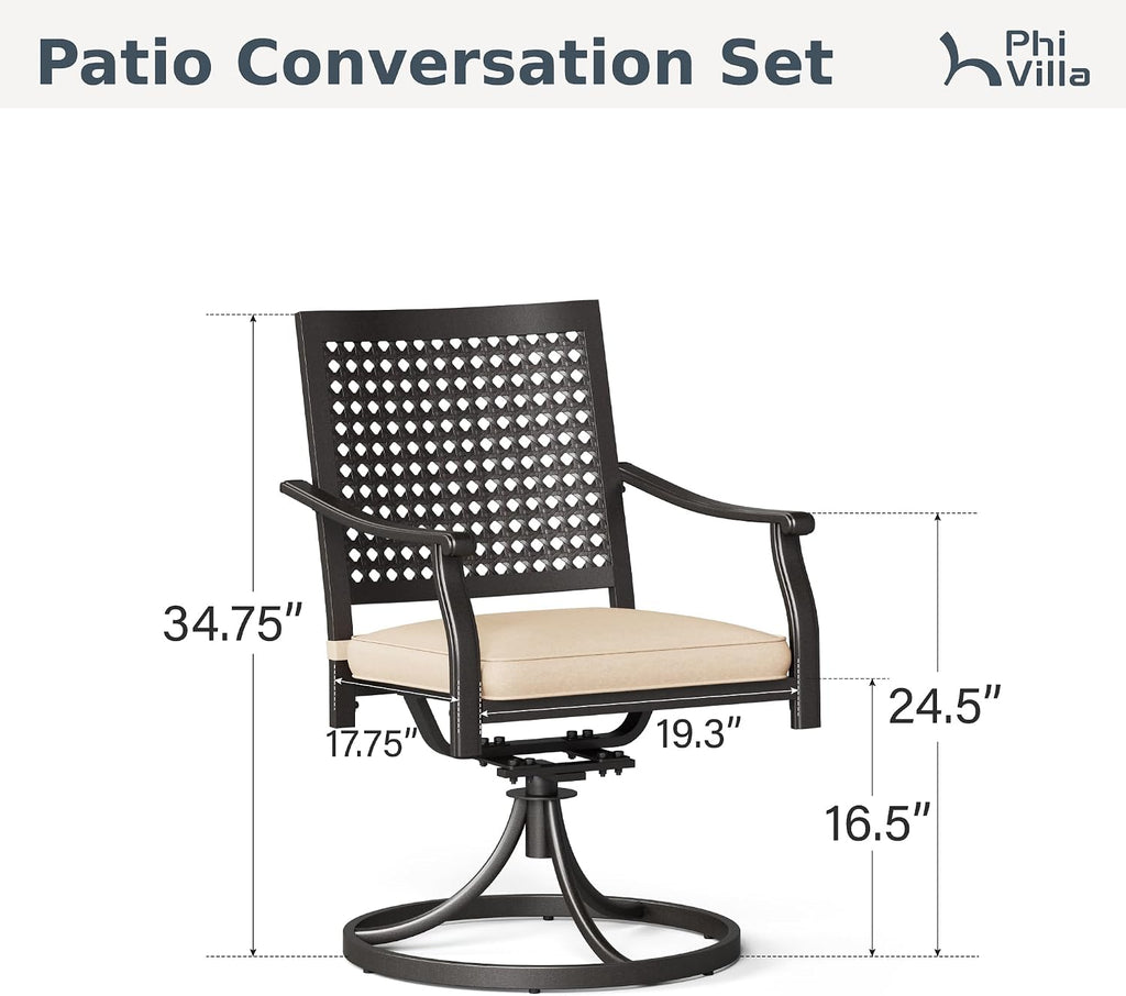 PHI VILLA Patio Swivel Dining Chairs Set of 4, Outdoor Kitchen Garden Metal Chair with Cushions, Patio Furniture Chair with Armrest, Black Frame