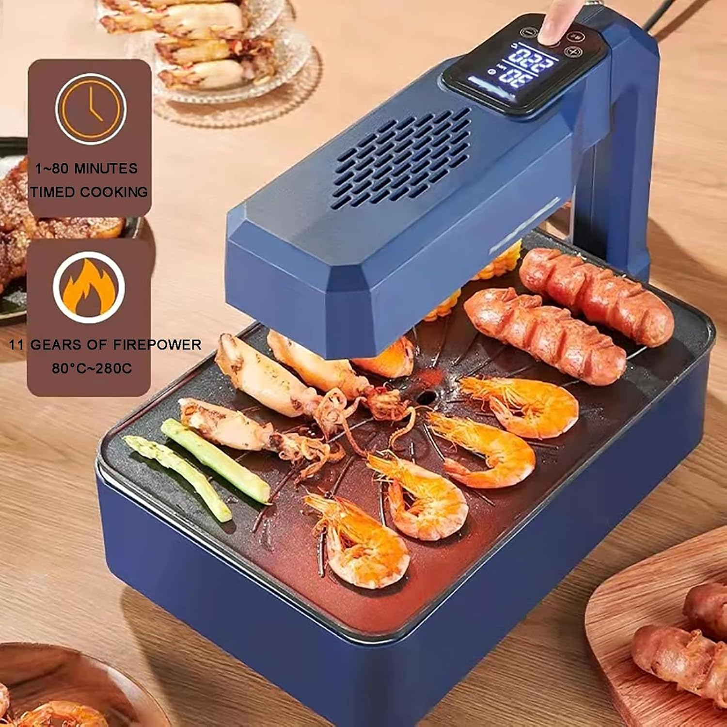 Electric Smokeless Indoor Grill, Multifunctional Non-Stick Electric Grill with LCD Liquid Crystal Screen, 1-80 Minutes Time/80-280°Temperature Adjustment/35cm Large Baking Pan