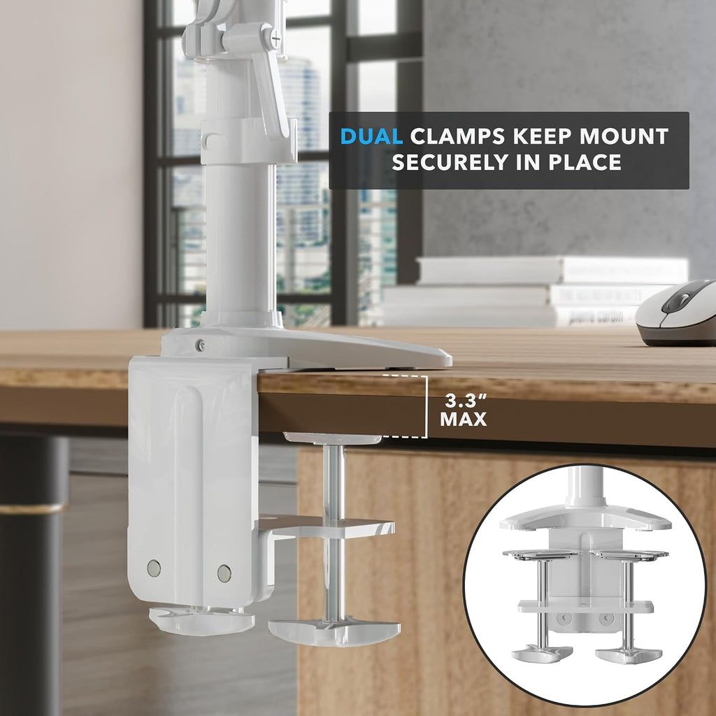 Mount-It! Triple Monitor Stand for Desk, 3 Arm Monitor Mount with Gas Spring Height Adjustment, Fits 13–32 Inch Screens up to 17.6 lbs per Arm, VESA 75x75 & 100x100, Clamp-On Desk Installation, White