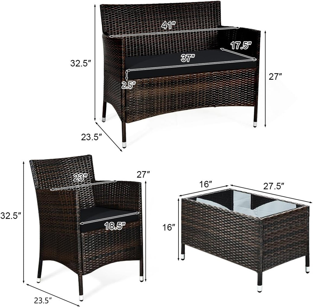 COSTWAY 8PCS Rattan Patio Furniture Set, Outdoor Wicker Rattan Chairs with Coffee Table, Rattan Cushioned Conversation Set for Backyard Balcony Porch Poolside, Black