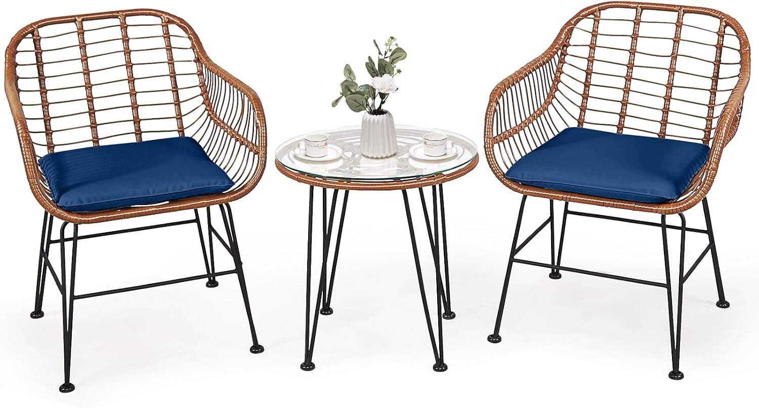 COSTWAY 3 Pieces Patio Bistro Set, Outdoor Rattan Conversation Seating Chair Set with Coffee Table & Soft Cushions, Indoor Wicker Furniture Set for Garden, Balcony, Porch, Pool, Navy