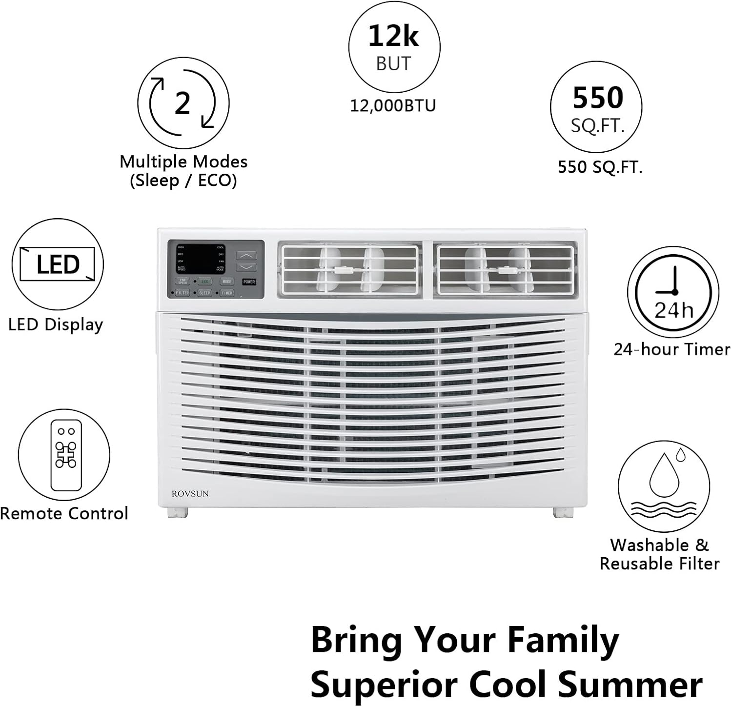 ROVSUN 12000 BTU Air Conditioner Window Unit, 3-in-1 Window AC Unit Cooler, Dehumidifier & Fan with Timer, Remote Control & Installation Kit, Cooling Rooms up to 550 Sq. Ft, 115V/60Hz