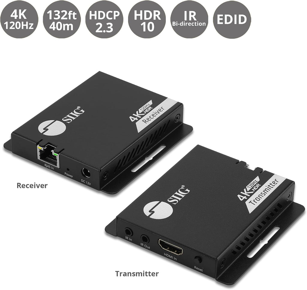 SIIG 4K 120Hz HDMI Extender Over CAT6/7 – Up to 132ft (40M), 4K @120Hz, Dual IR, 32Gbps, HDR10, HDCP 2.3, DSC 1.2a, EDID, Near Zero Latency (CE-H27L11-S1)