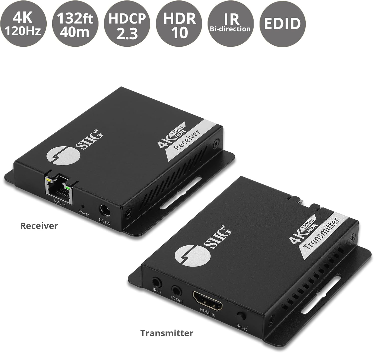 SIIG 4K 120Hz HDMI Extender Over CAT6/7 – Up to 132ft (40M), 4K @120Hz, Dual IR, 32Gbps, HDR10, HDCP 2.3, DSC 1.2a, EDID, Near Zero Latency (CE-H27L11-S1)