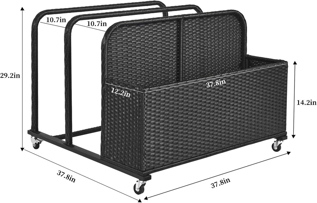 Poolside Float Storage Organizer, Pool Toy Storage Holder with Wicker Basket Outdoor Pool Float Holder Storages Rack Rolling Caddy Cart Raft Holder Storages Rack for Poolside Noodles Equipment Black