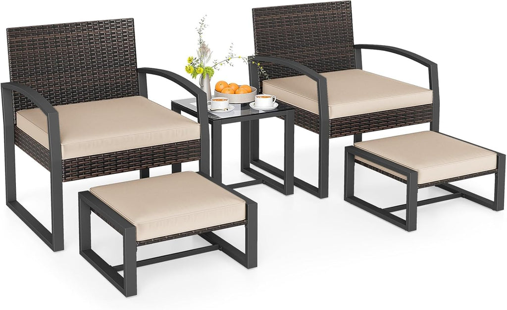Tangkula 5 Pieces Wicker Patio Conversation Set, Outdoor PE Rattan Chair with Ottoman Set with Glass Side Table, 2-Person Small Balcony Furniture Seating Set with Cushions for Porch, Backyard, Deck