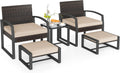 Tangkula 5 Pieces Wicker Patio Conversation Set, Outdoor PE Rattan Chair with Ottoman Set with Glass Side Table, 2-Person Small Balcony Furniture Seating Set with Cushions for Porch, Backyard, Deck