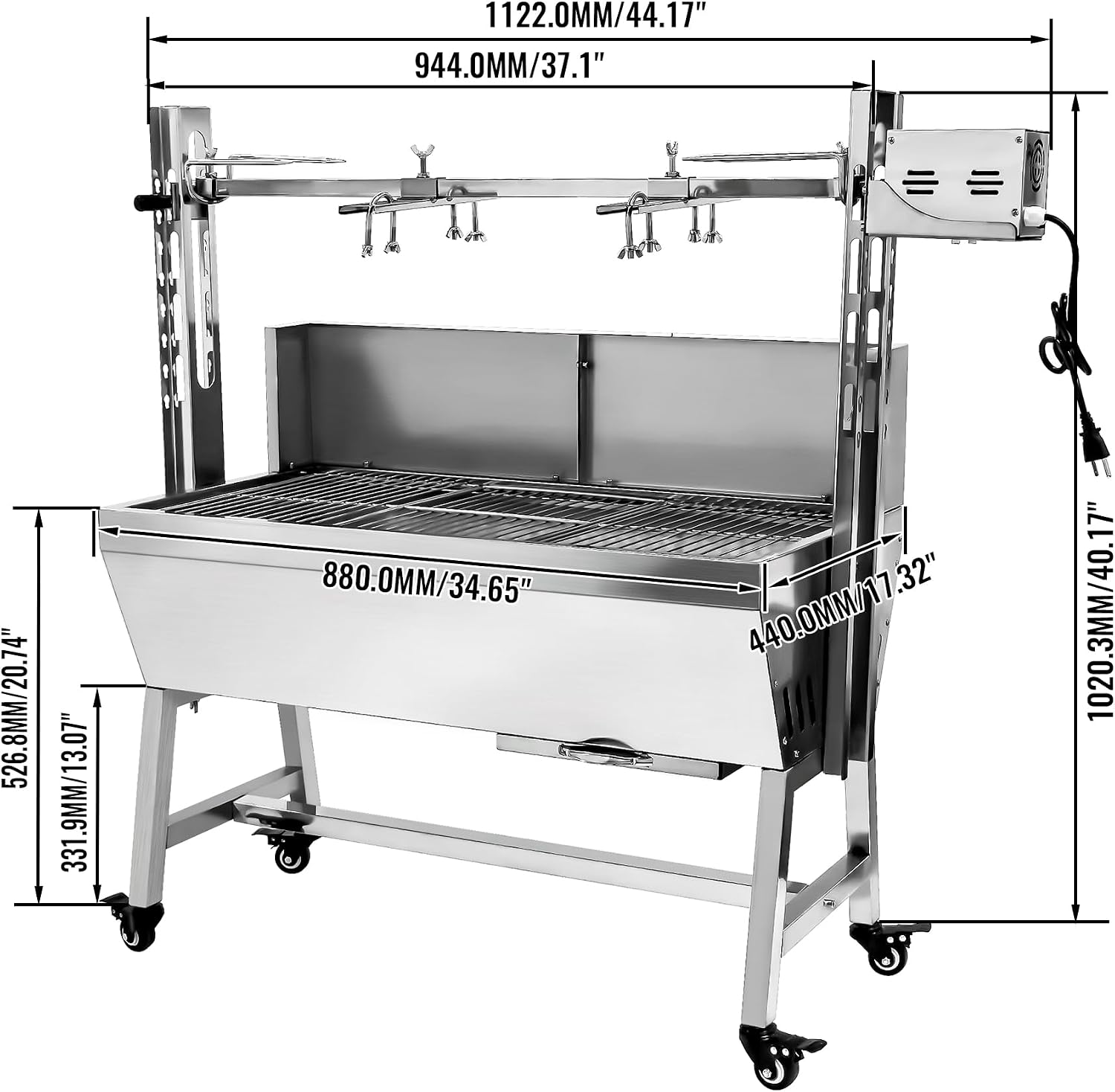 132lbs Outdoor Rotisserie Grill with Back Cover Guard, Small Pig Whole Lamb Stainless Steel Rotisserie Roaster, 37' BBQ Charcoal Rotisserie Roaster Grill