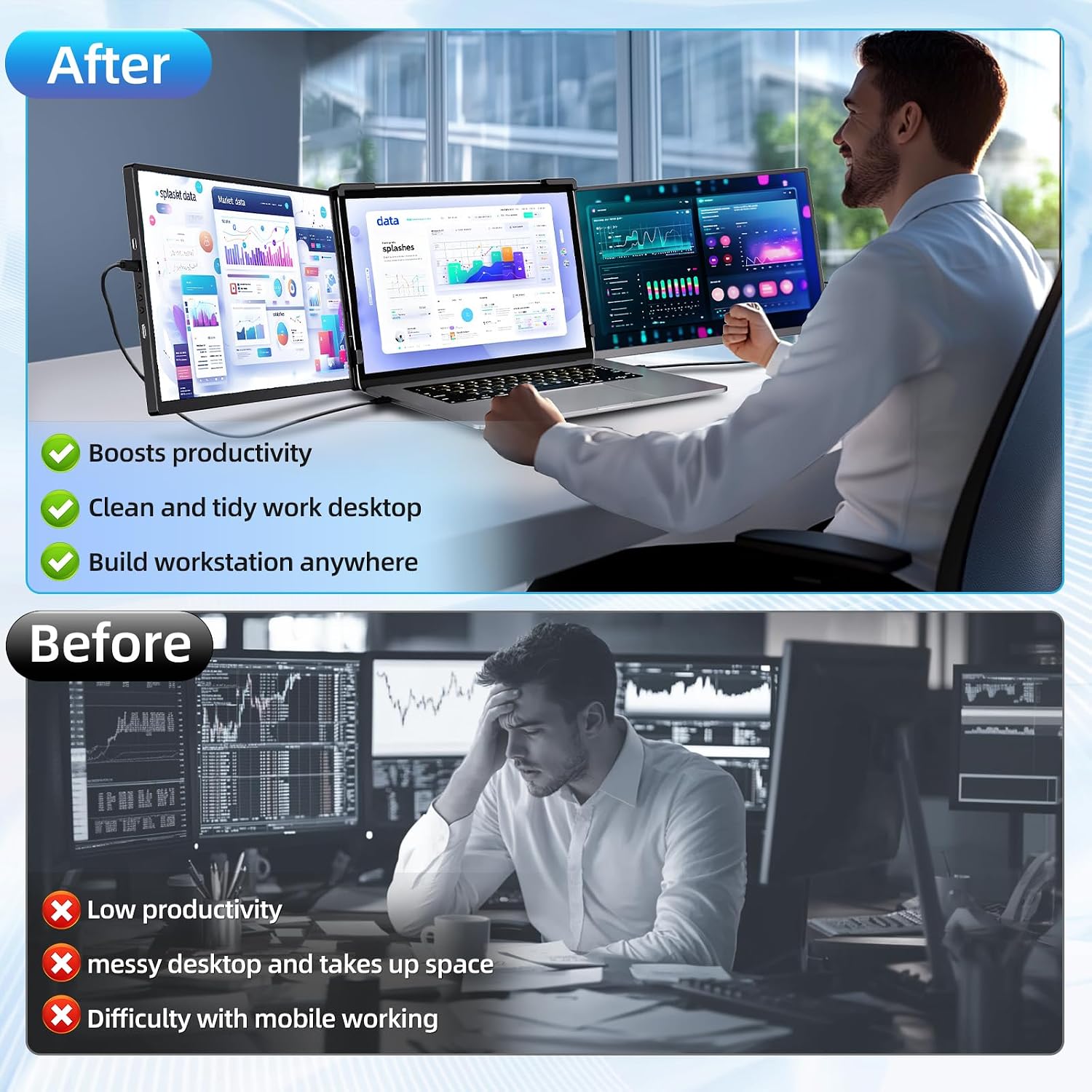 Laptop Screen Extender Monitor Portable - 2.5K Triple Laptop Screen Extender, Plug and Play Multiple Screens Extended Fits 13-17.3 Inch Laptops Compatible with, Windows, Chrome, Dex