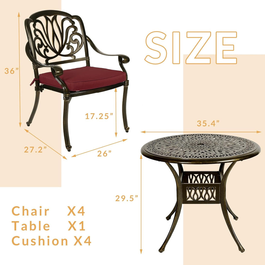 5-Piece Outdoor Patio Dining Set, All-Weather Cast Aluminum Patio Furniture Set for Backyard Garden Deck with 4 Chairs, 4 Cushions and 35.4' Round Table, 2' Umbrella Hole, Red
