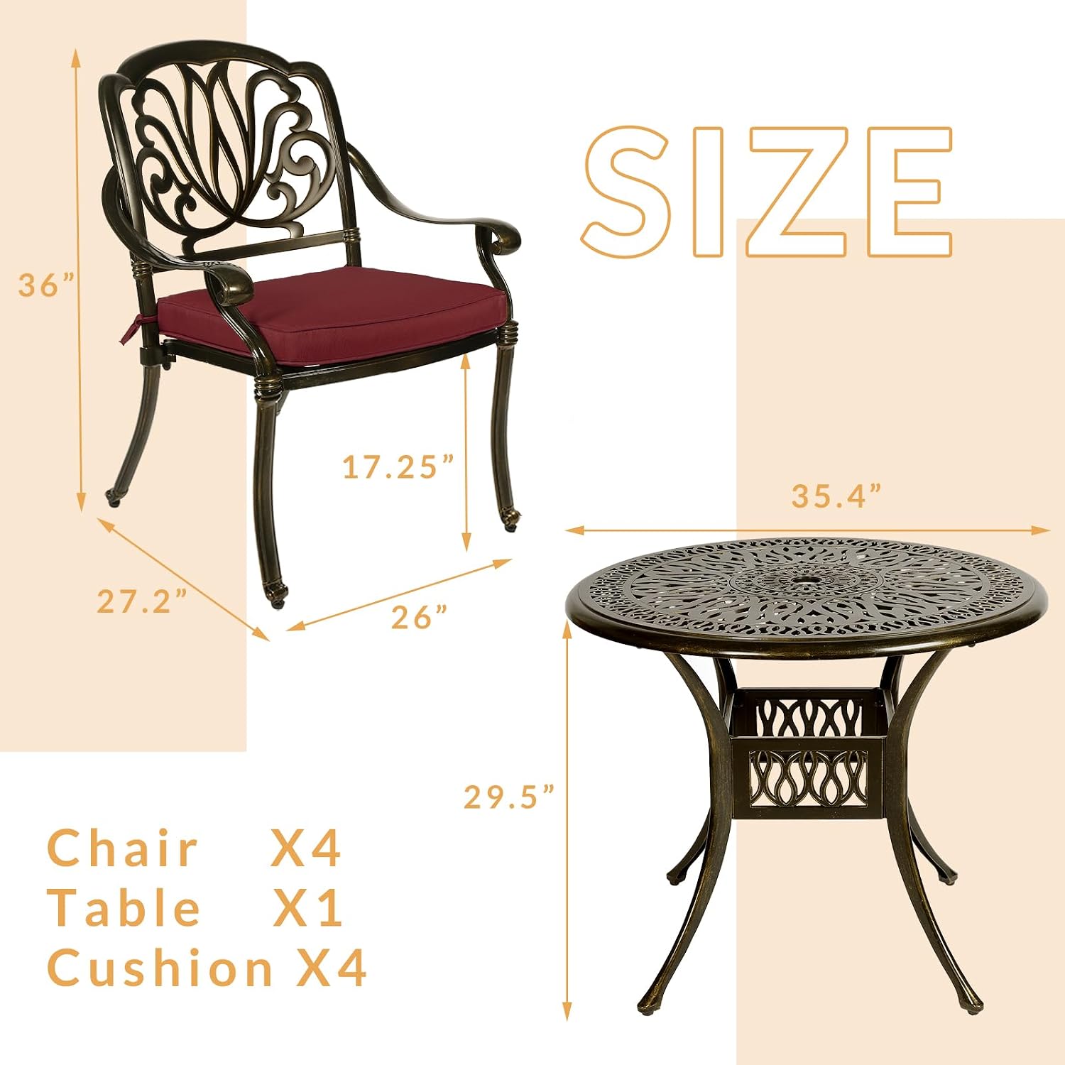5-Piece Outdoor Patio Dining Set, All-Weather Cast Aluminum Patio Furniture Set for Backyard Garden Deck with 4 Chairs, 4 Cushions and 35.4' Round Table, 2' Umbrella Hole, Red
