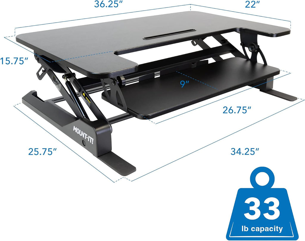 Mount-It! Standing Desk Converter - Height Adjustable Stand Up Riser with Manual Lift, 36.5' x 22' Desktop, Stand up Convertor in Black, Fits Dual Monitors, Laptop and Keyboard Mouse Tray
