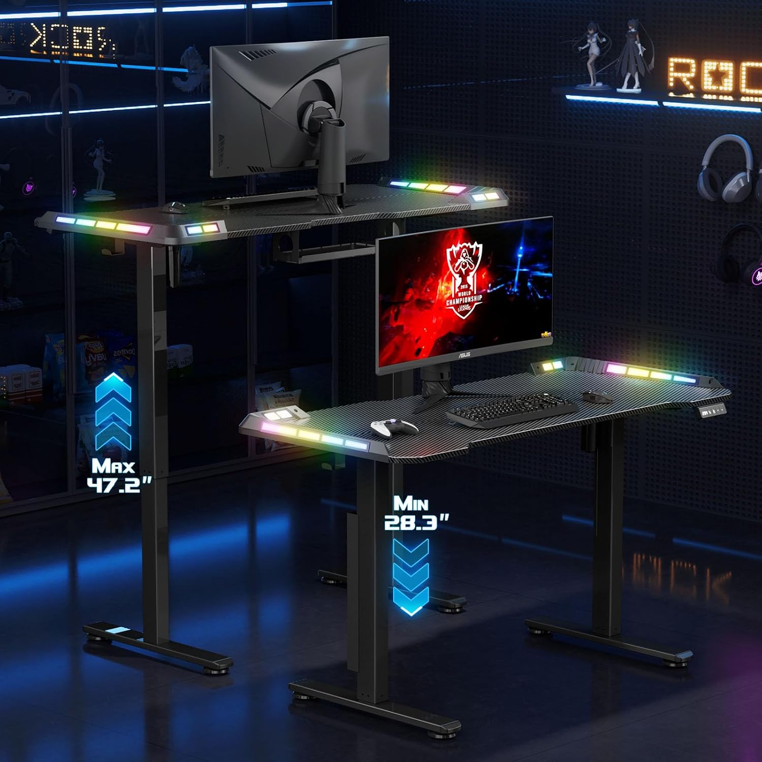 Flycity Gaming Standing Desk with LED Lights & APP Control, 48' x 24' Gaming Table with Music Sensing, Underdesk Cable Storage Electric Standing Desk, Black Carbon Fiber PC Desk for Home Office