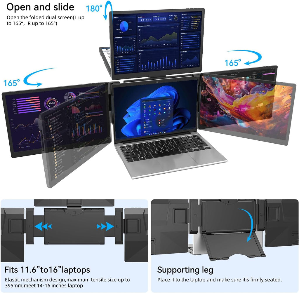 ADREAMER 13.3' Triple Screen Laptop Monitor Extender, Detachable 3 Screen Monitor for Laptop 13'-16', 1920x1200 IPS 16:10, 1 Cable for 3 Displays, Compatible with Wins/Mac.