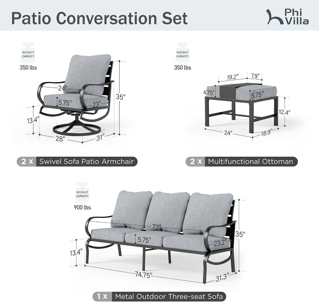 PHI VILLA 5 PCS Patio Furniture Set,Metal Deluxe Patio Set with 1 x 3 Seater Deep Seating Bench, 2 x Swivel Sofa Chairs & 2 x Metal Cushioned Ottoman, Outdoor Patio Set for Garden, Grey