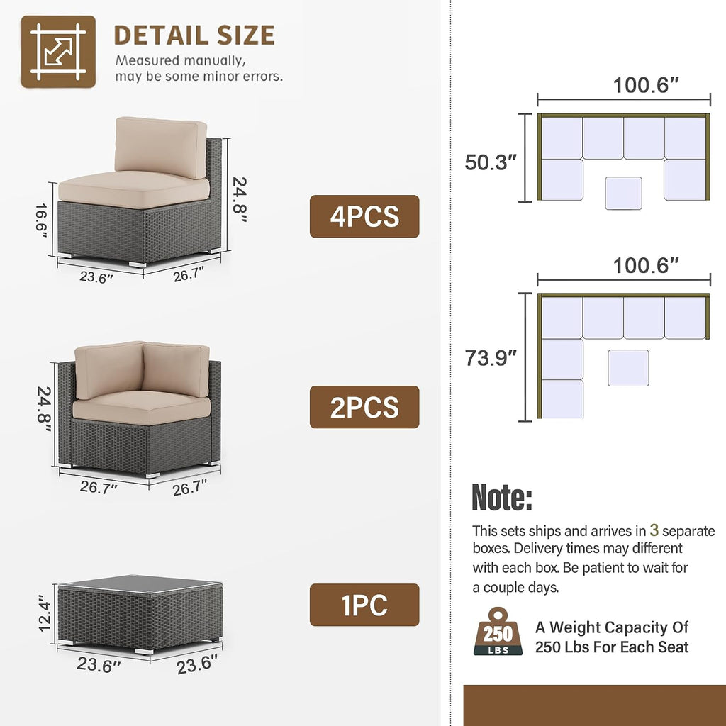 SUNCROWN 7-Piece Outdoor Patio Furniture Sofa Set All-Weather Black Wicker Sectional Conversation Set with Modern Glass Coffee Table and Cushions, Backyard, Garden, Poolside, Brown