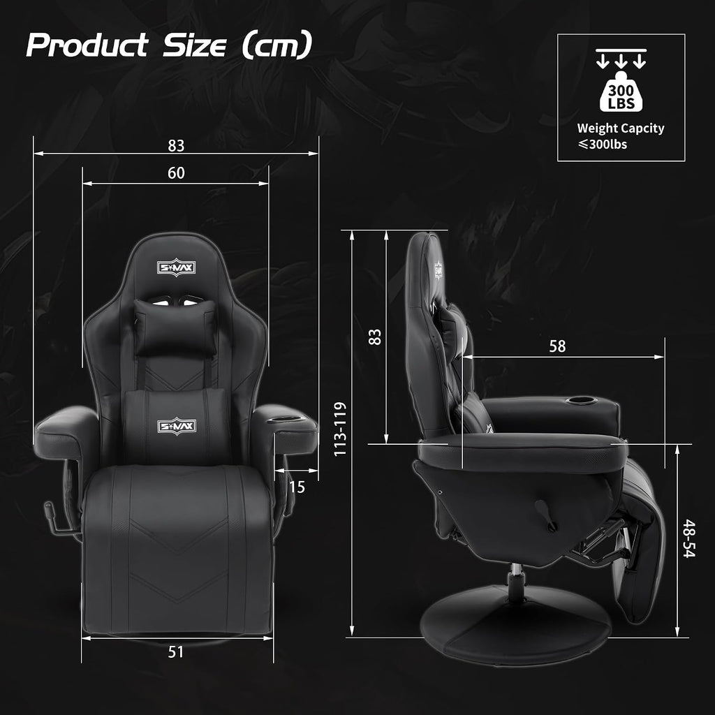 S*MAX Gaming Recliner Chair for Adults Height Adjustable Higher Back Wider Lumbar Support Swivel Adjustable Footrest Larger Cup Holder Side Pouch Gamer Chairs Black X Large