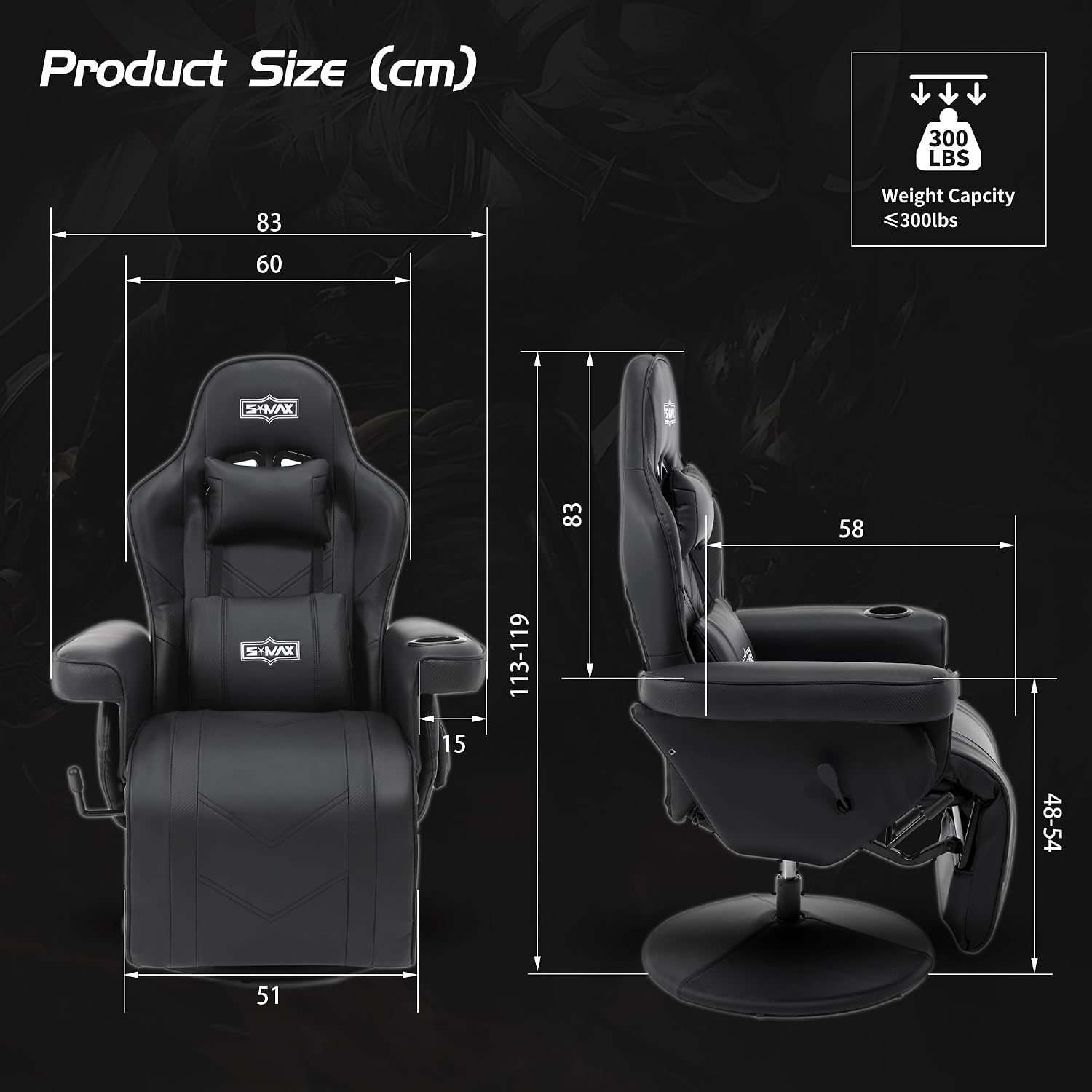 S*MAX Gaming Recliner Chair for Adults Height Adjustable Higher Back Wider Lumbar Support Swivel Adjustable Footrest Larger Cup Holder Side Pouch Gamer Chairs Black X Large
