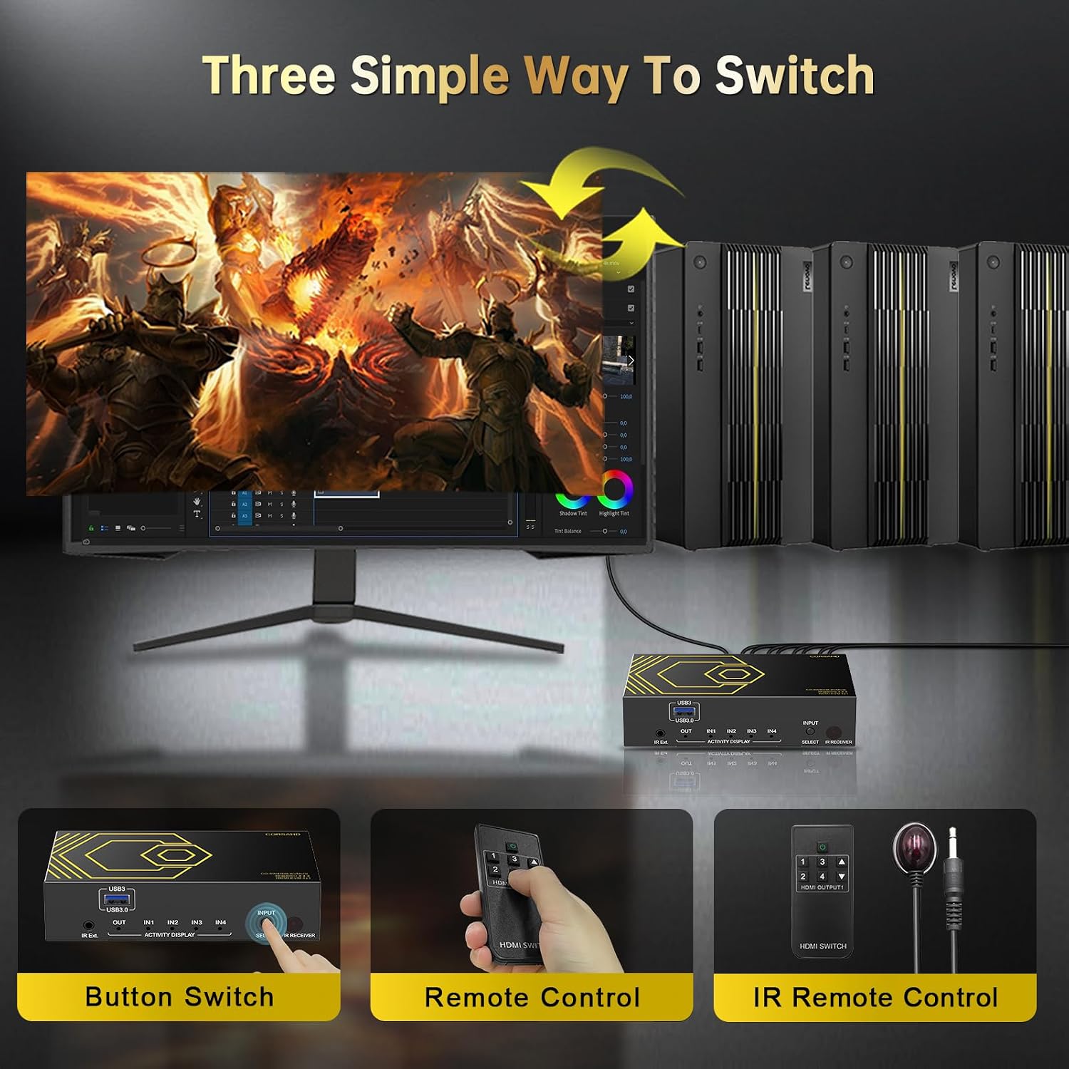 4K@60Hz HDMI KVM Switch USB3.0 4 Computers 1 Monitors HDMI 4 Port KVM Switches for 4 PC Share 1 Monitor and 4 USB 3.0 Devices SPDIF L/R Mic Audio with IR Remote Control and 4xUSB 3.0 Cables