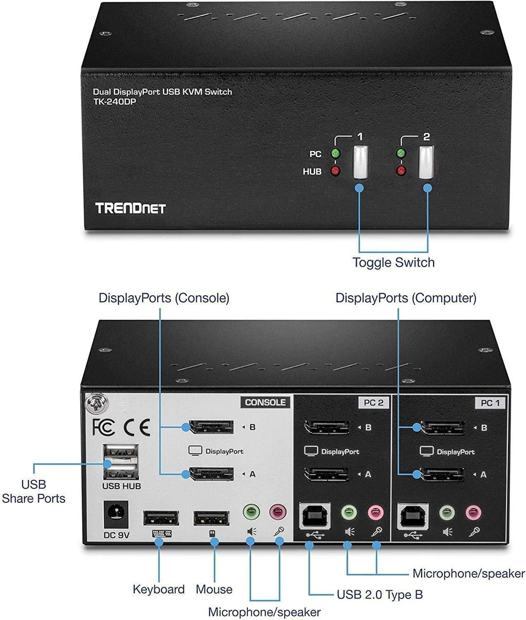 TRENDnet 2-Port Dual Monitor DisplayPort KVM Switch with Audio, 2-Port USB 2.0 Hub, 4K UHD Resolutions Up to 3840 X 2160, TK-240DP (Renewed)