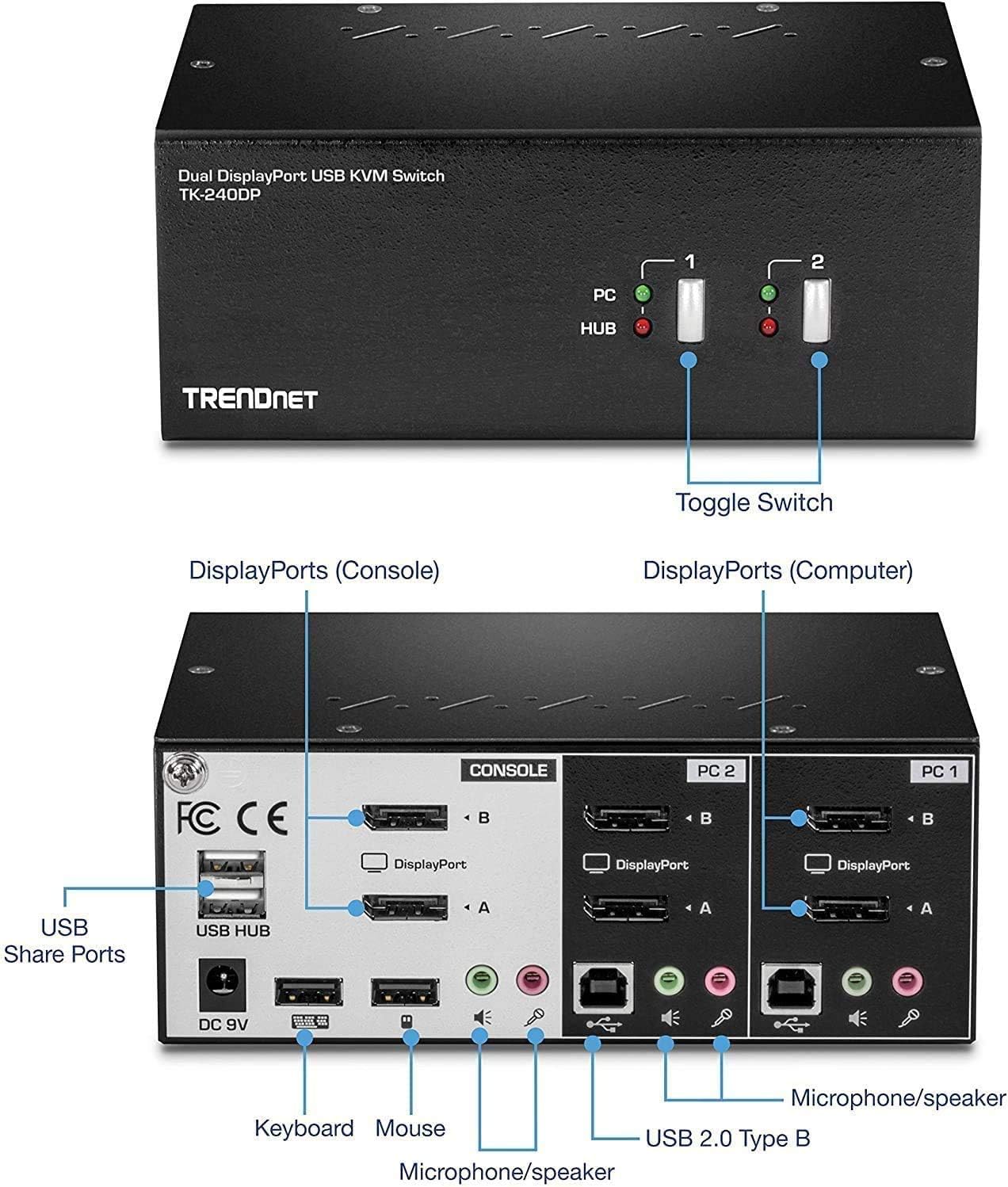 TRENDnet 2-Port Dual Monitor DisplayPort KVM Switch with Audio, 2-Port USB 2.0 Hub, 4K UHD Resolutions Up to 3840 X 2160, TK-240DP (Renewed)