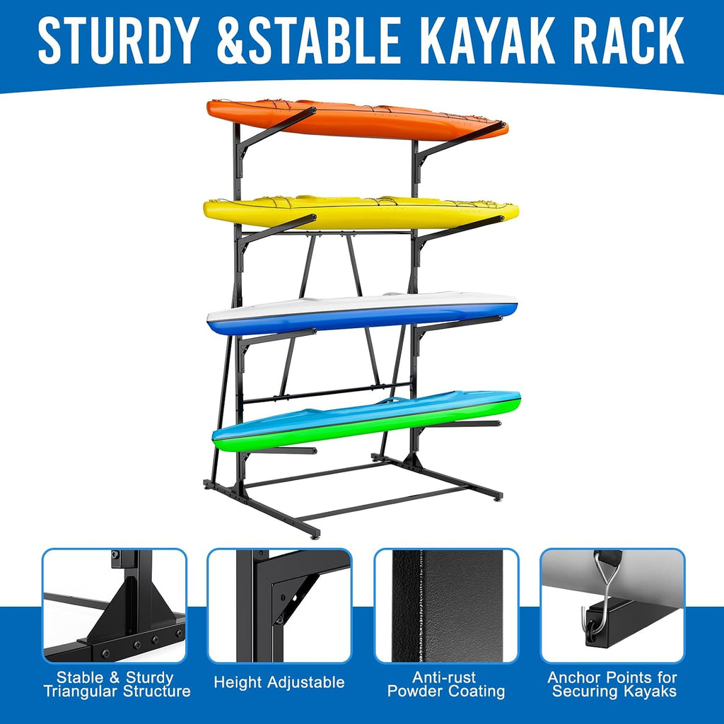 Kayak Racks for Outdoor Storage, Kayak Storage Rack, 4 Tier Adjustable Freestanding Kayak Rack Holder for Paddleboard Surfboard SUP