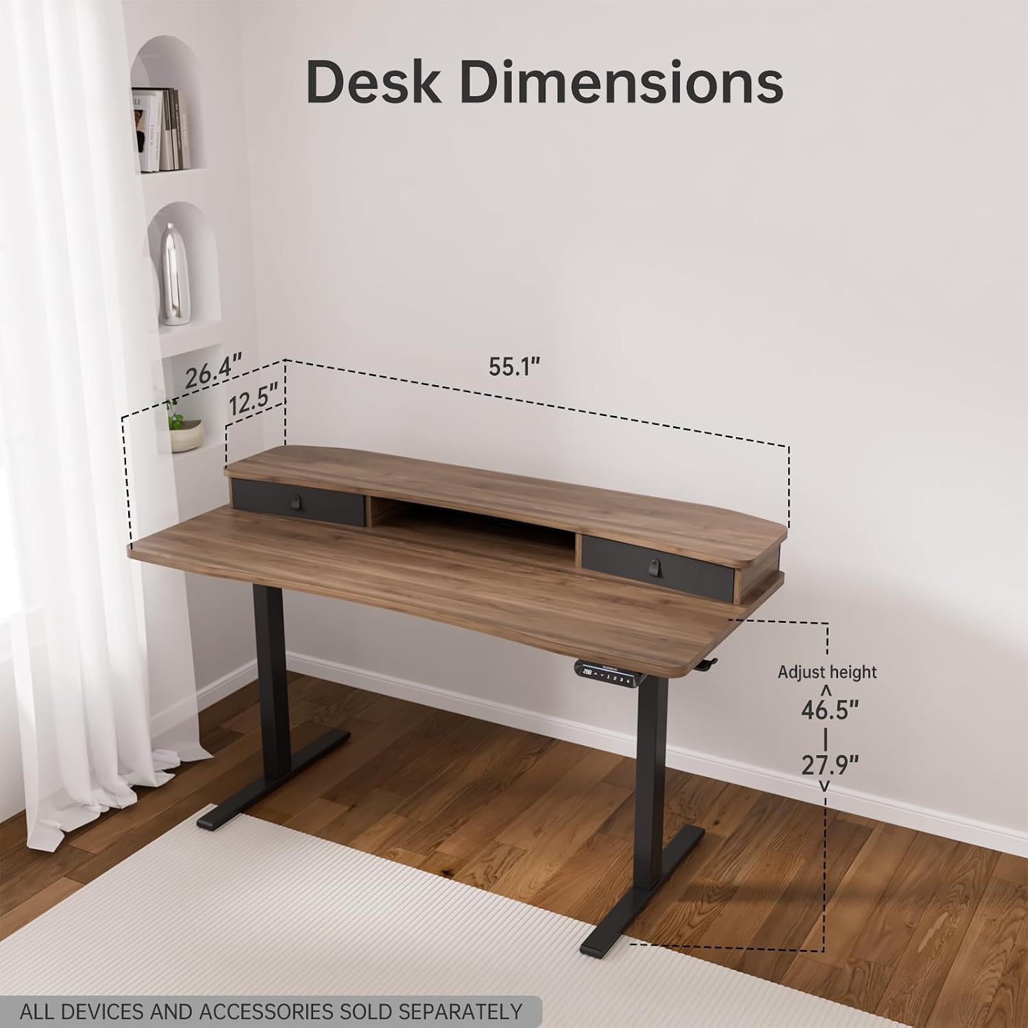 HUANUO 55' x 26' Electric Standing Desk with 2 Drawers, C-Clamp Mount Compatible, Height Adjustable Computer Desk, Home Office Stand Up Desk with 4 Preset Heights & 2 Hooks, Walnut