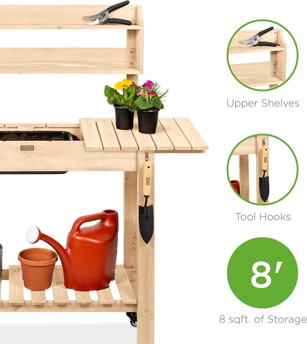 Best Choice Products Mobile Garden Potting Bench, Outdoor Wood Workstation Table w/Sliding Tabletop, 4 Locking Wheels, Food Grade Dry Sink, Storage Shelves- Natural