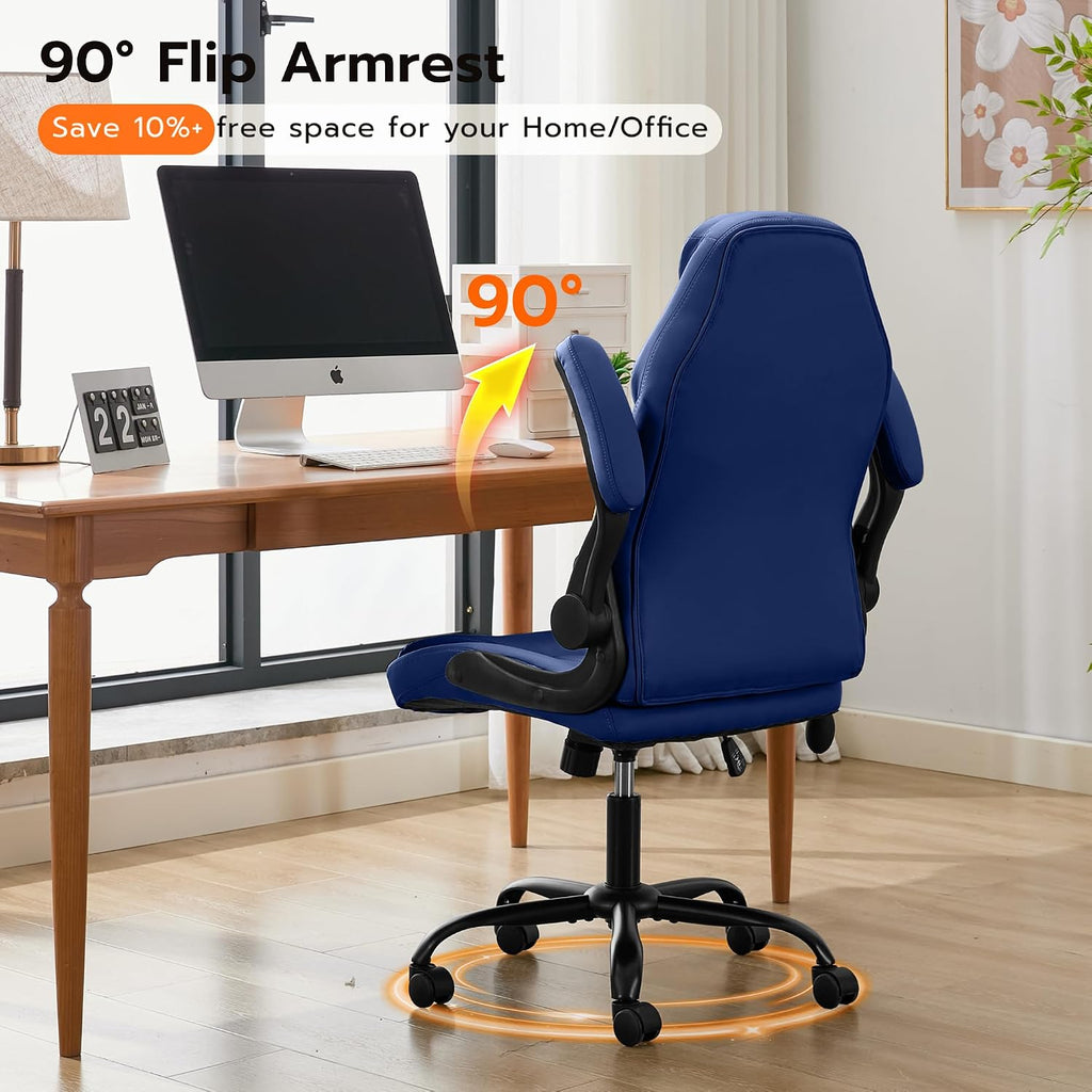 Ylzyxal Office Desk Chair, Ergonomic Computer Chair with Padded Flip-Up Arms and Adjustable Lumbar Support, PU Leather Executive Chair with Tilt Lock and 360° Swivel Rolling Wheels for Work, Study