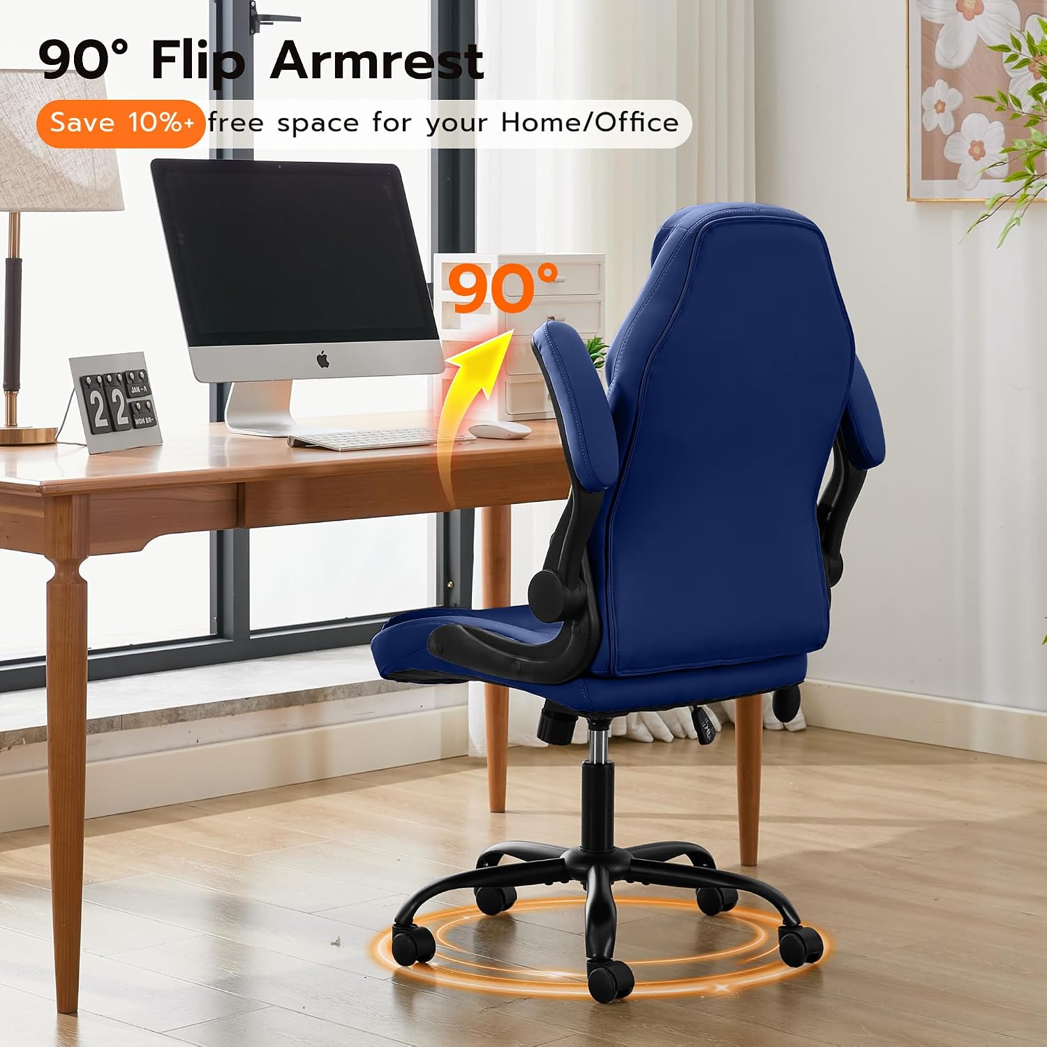 Ylzyxal Office Desk Chair, Ergonomic Computer Chair with Padded Flip-Up Arms and Adjustable Lumbar Support, PU Leather Executive Chair with Tilt Lock and 360° Swivel Rolling Wheels for Work, Study