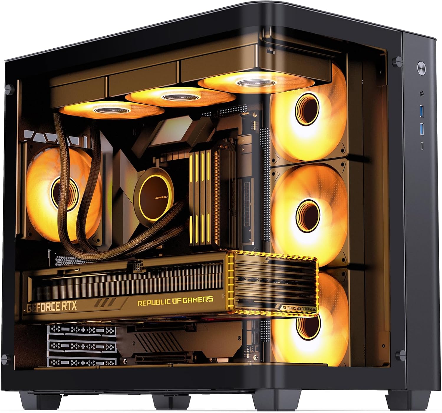 JONSBO TK-3 Black One-Piece Curved Glass ATX Mid Tower Pc Case, One-Piece Curved Glass, SP BTF MB/Dual 360 AIO/ATX PSU/40Series GPU, with 10 Fan Positions, 270 Degree Side View Display,Black Chassis