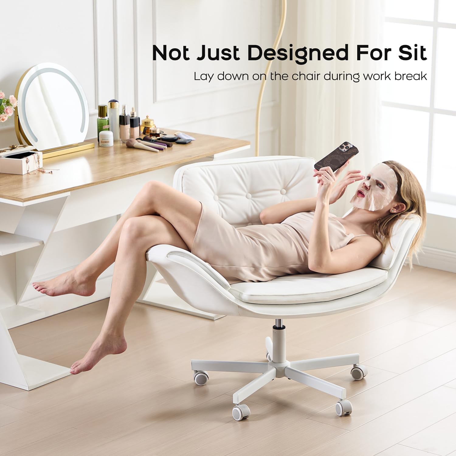 amseatec Criss Cross Office Chair, PU Leather Vanity Chair with 5-Level Adjustable Armrests & Swivel, Ergonomic Criss Cross Chair for Home Office Bedroom Makeup（White）