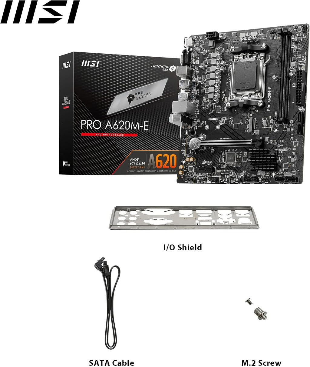MSI PRO A620M-E Motherboard, Micro-ATX - Supports AMD Ryzen 7000 Series Processors, AM5 - DDR5 Memory Boost 6400+MHz/OC, 1 x PCIe 4.0 x16, 1 x M.2 Gen4