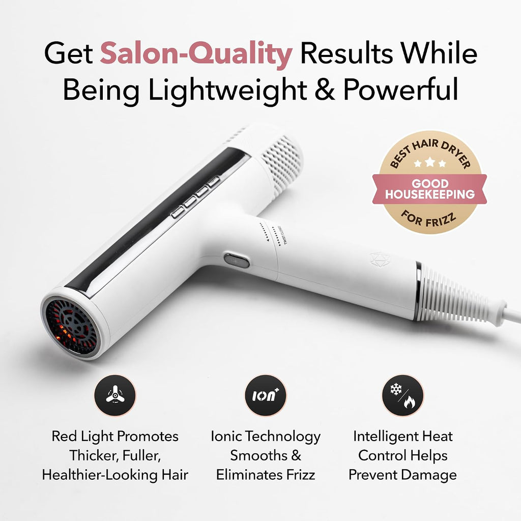 SRILabs DryQ 'Smart' Hair Dryer – White Edition – Super Lightweight, Foldable – Powerful, Quiet Motor – Infrared & Ionic Technology – 3 Magnetic Attachments – Heat Control with Locking Switch