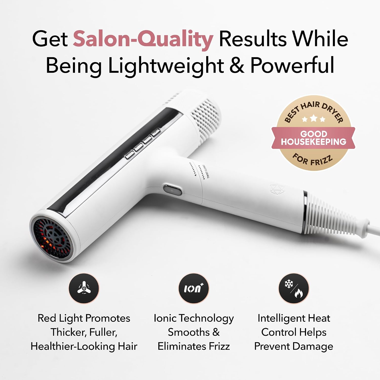 SRILabs DryQ 'Smart' Hair Dryer – White Edition – Super Lightweight, Foldable – Powerful, Quiet Motor – Infrared & Ionic Technology – 3 Magnetic Attachments – Heat Control with Locking Switch