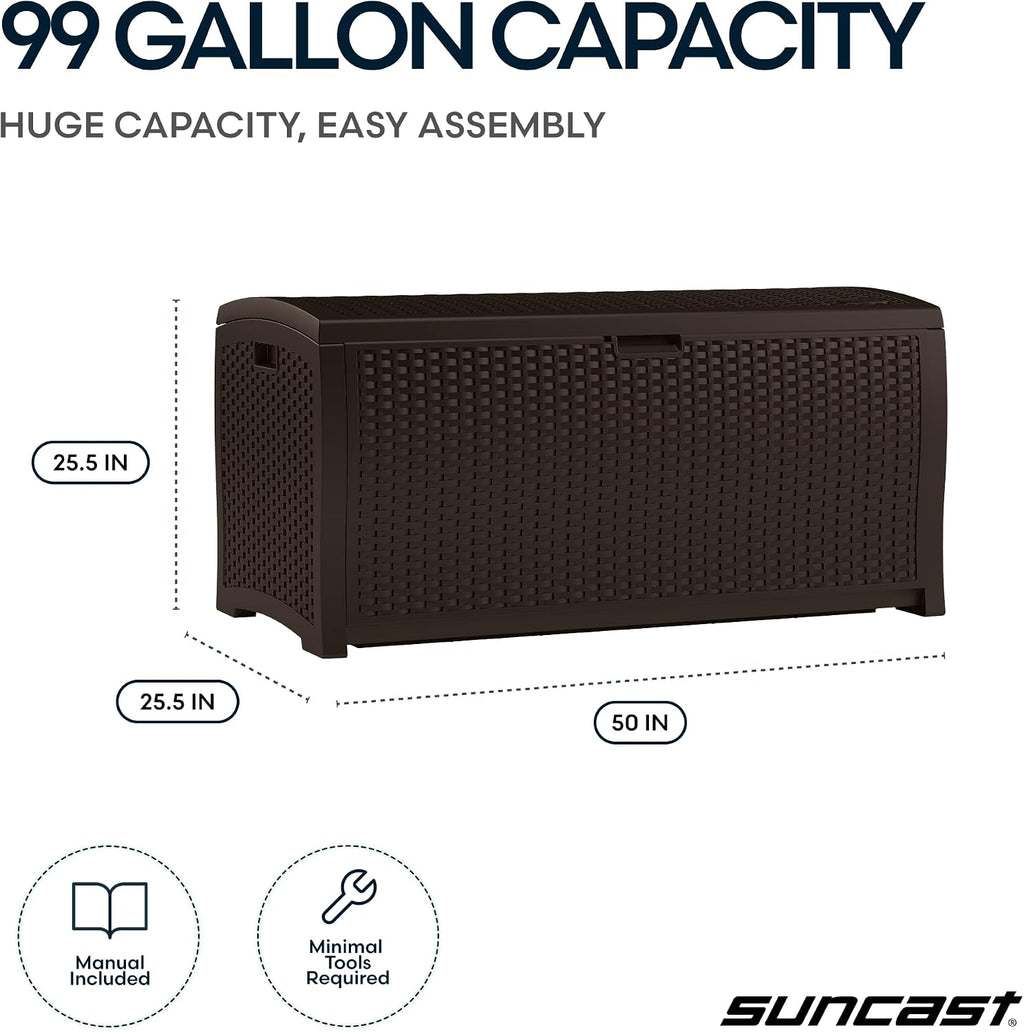Suncast DBW9200 99 Gallon Outdoor Wicker resin Patio Storage Chest Bin with Handles for Patio, Garden, Garage, or Pool for All Weather, Mocha