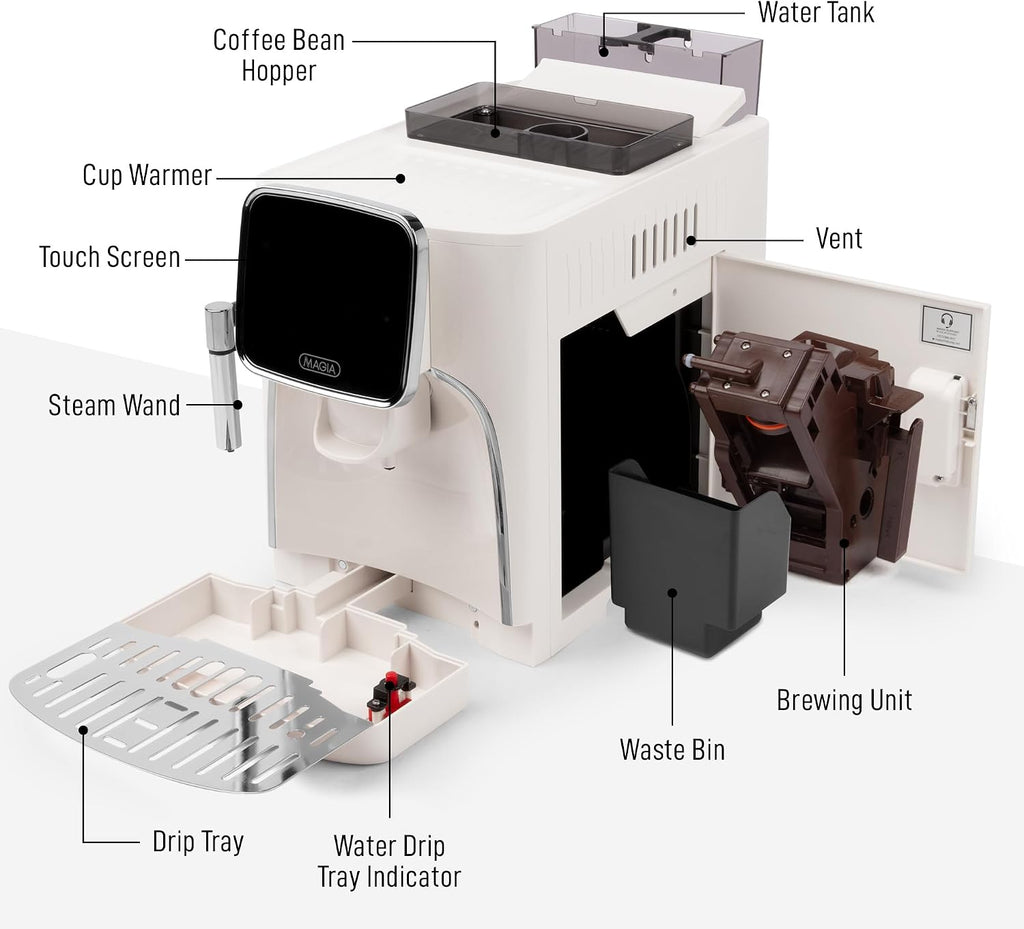 Zulay Kitchen Magia Clasica Automatic Espresso Machine with Built-In Grinder, Touch Panel Coffee Maker, Steam Wand Milk Frother, Adjustable Strength, Self-Cleaning, Cream & Silver (13' x 17.7' x 9.4')